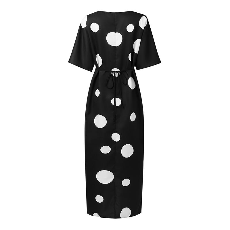 Oversized Women Half Sleeve Polka Dots Print Slim Waist Casual Loose Maxi Long Dress