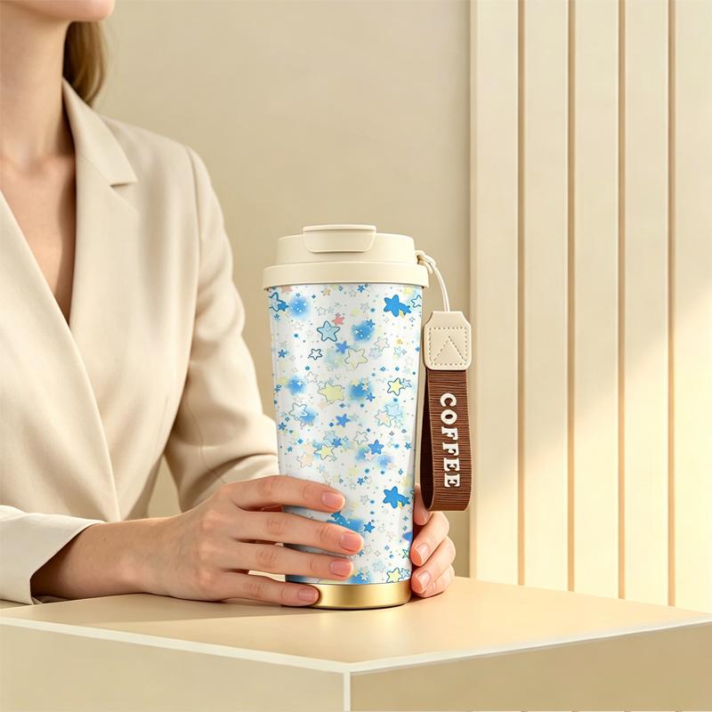 Coffee Mug 532ml Light Wash Star Motif Outdoor Travel Thermos Stainless Steel Coffee Thermos Large Travel Coffee Cup 304Steel Hot Cold Cup Coffee Mug 532ml