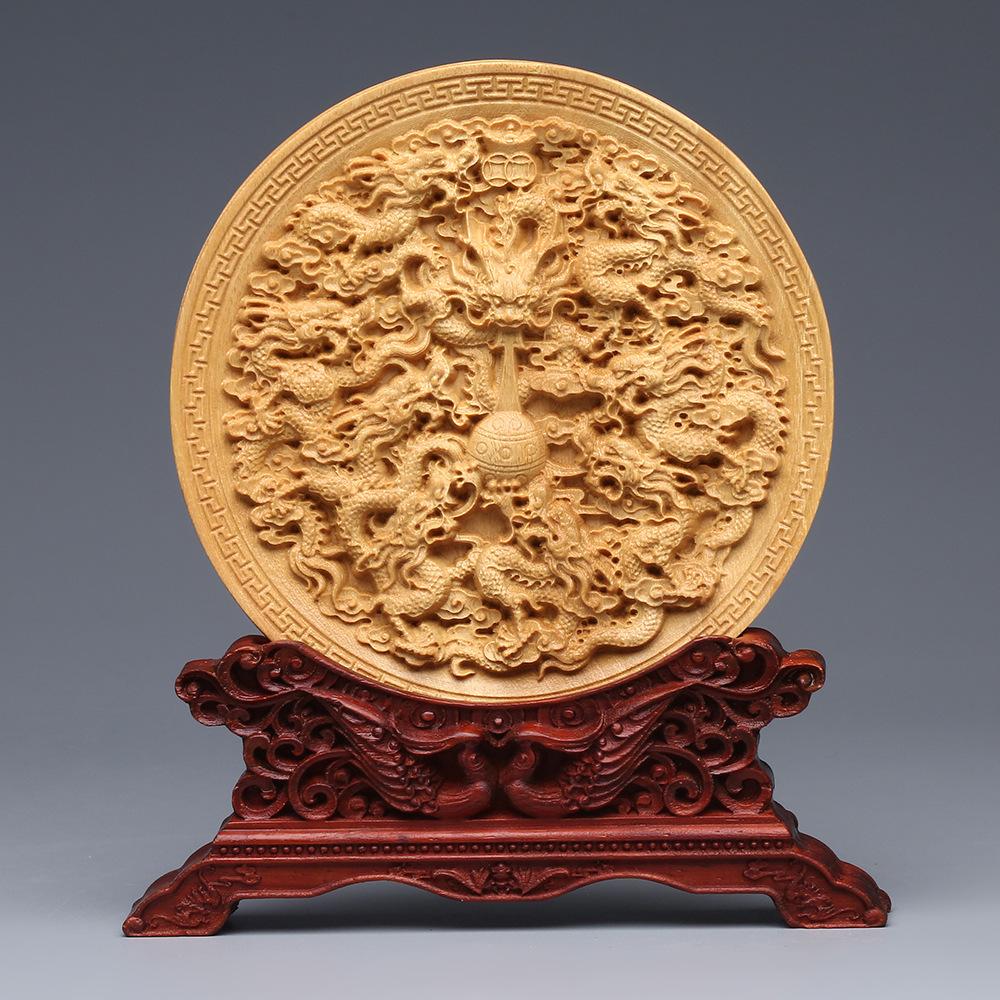 Wood Carving Dragon and Phoenix Round Carving Art Statue Mascot High Quality Home Room, Office Decoration Accessories