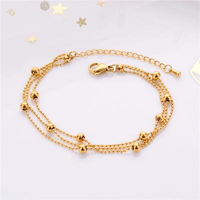 New Trendy Elegant Three Layers Gold Color Beaded Bracelet for Women Punk Style Stainless Steel Ladies Chain Bracelet Jewelry