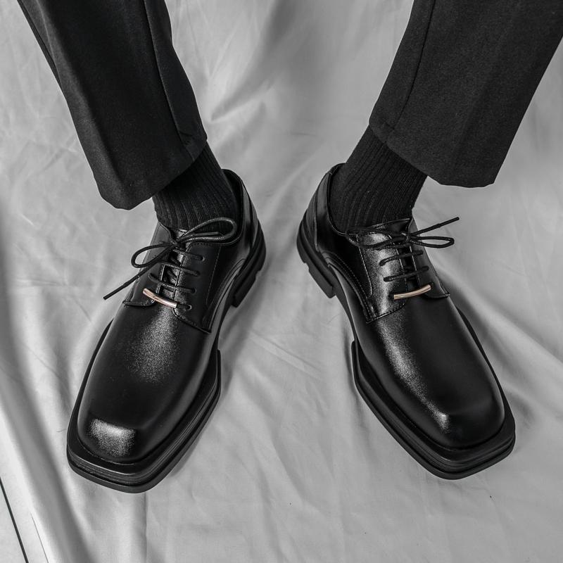 Summer Spring Men Platform Leather Shoes Breathable Office Bussiness Formal Shoe Square Toe Male Black White Wedding Dress Shoes
