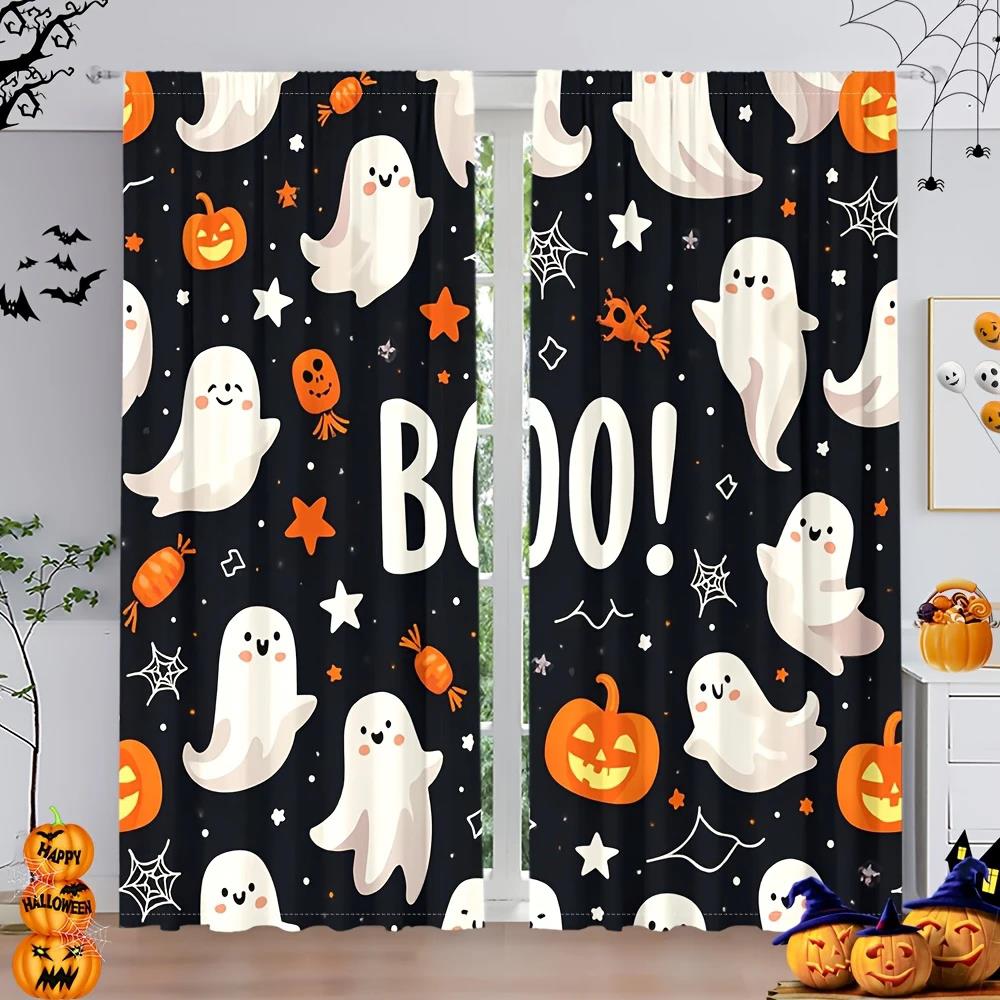 

2pcs- Halloween Fun pumpkin print curtains, pole bag home decoration, room decoration 14Wx39L(35x100CM)x2