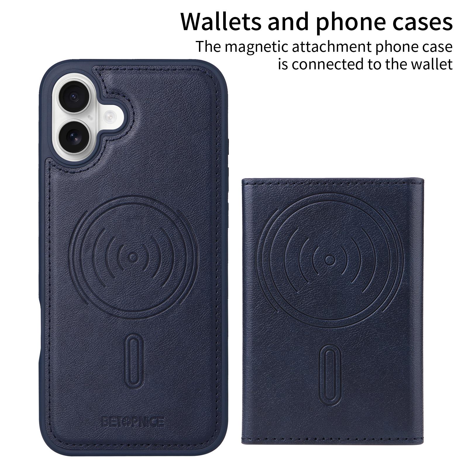 

For iPhone 16 Plus Magnetic Case BETOPNICE Leather Phone Cover Kickstand with Detachable Card Bag Brown