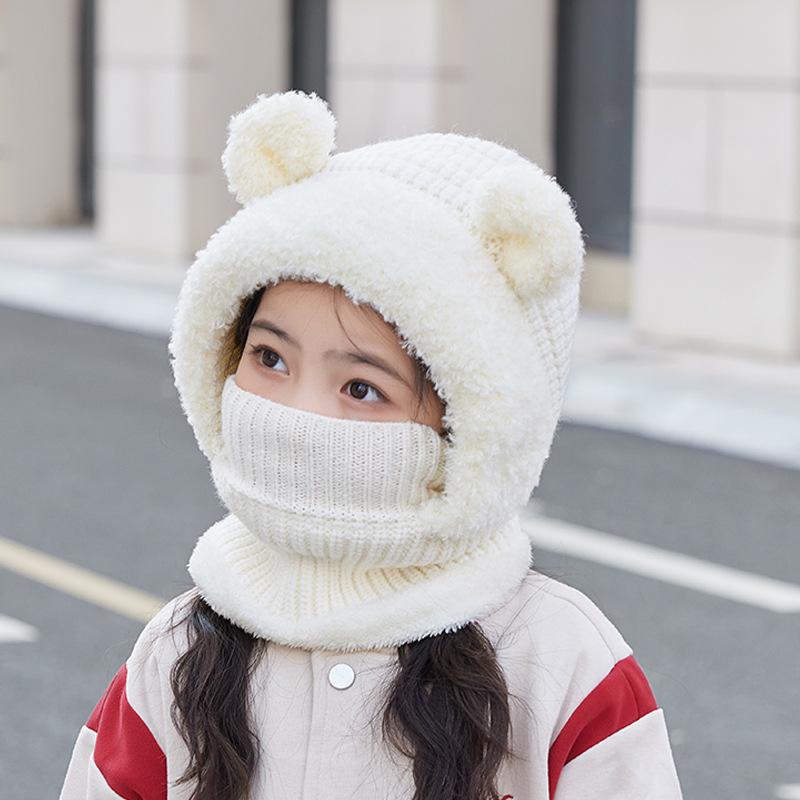 Children's hat winter outdoor velvet warm knitted wool hat cartoon cute bear mask scarf integrated hat
