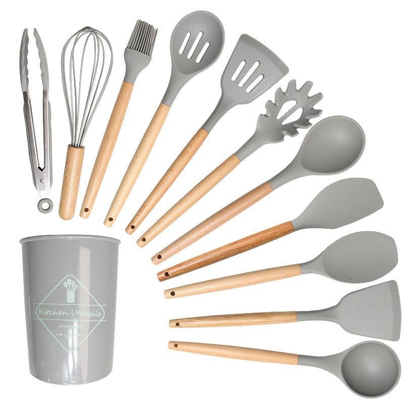 12-Piece Silicone Kitchen Utensil Set With Wooden Handle Heat-Resistant Non-Stick Cooking Tools Home Use