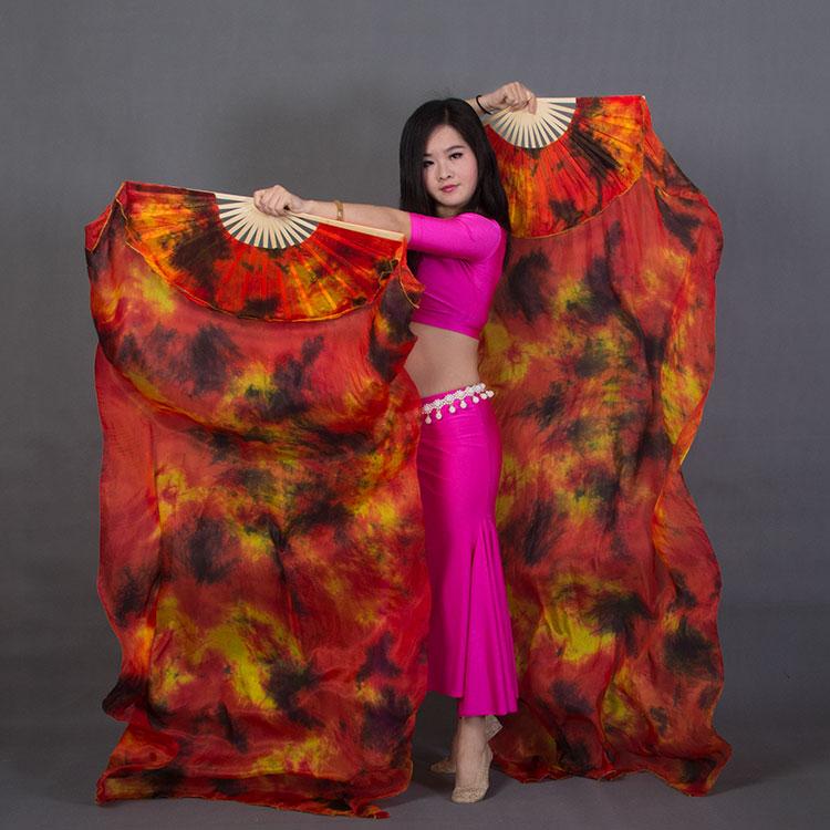 1pair/2pcs Real Silk Belly Dance Veil Fans Bamboo Handmade Tie-dye 150cm/180cm Performance Long Fan BellyDance Fan Veil