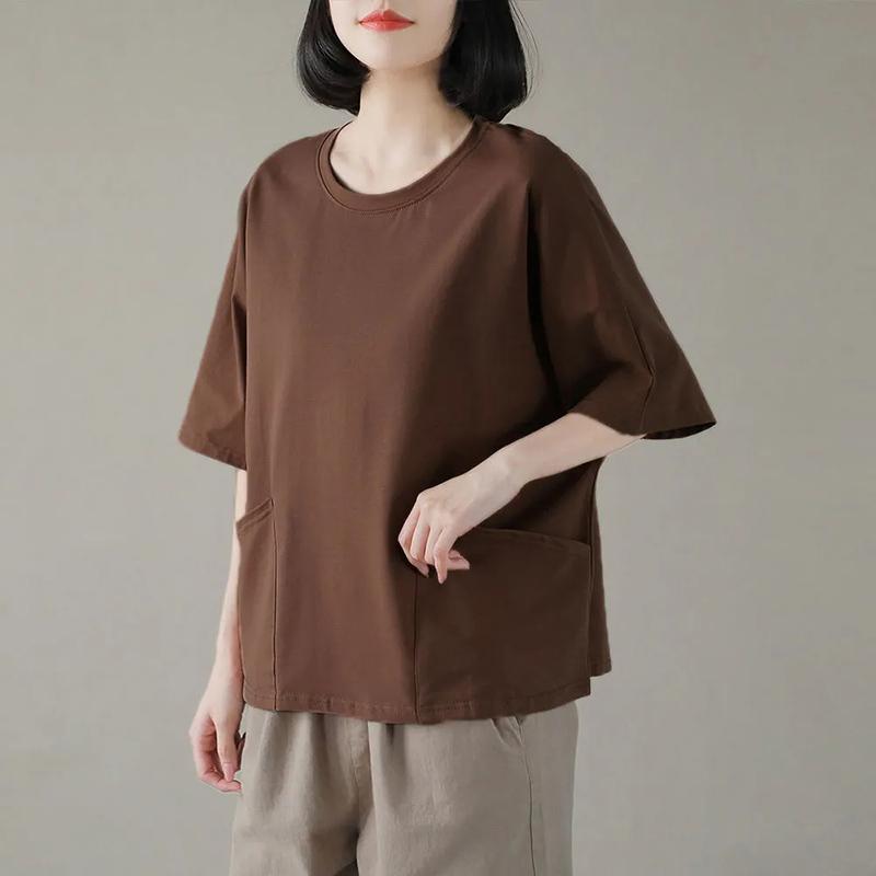 Bavlněné tričko Velká velikost Topy s krátkým rukávem Dámské Jaro a Léto Pohodlné Ležérní Spodní tričko Jednobarevné Kapsičkové topy Dámské