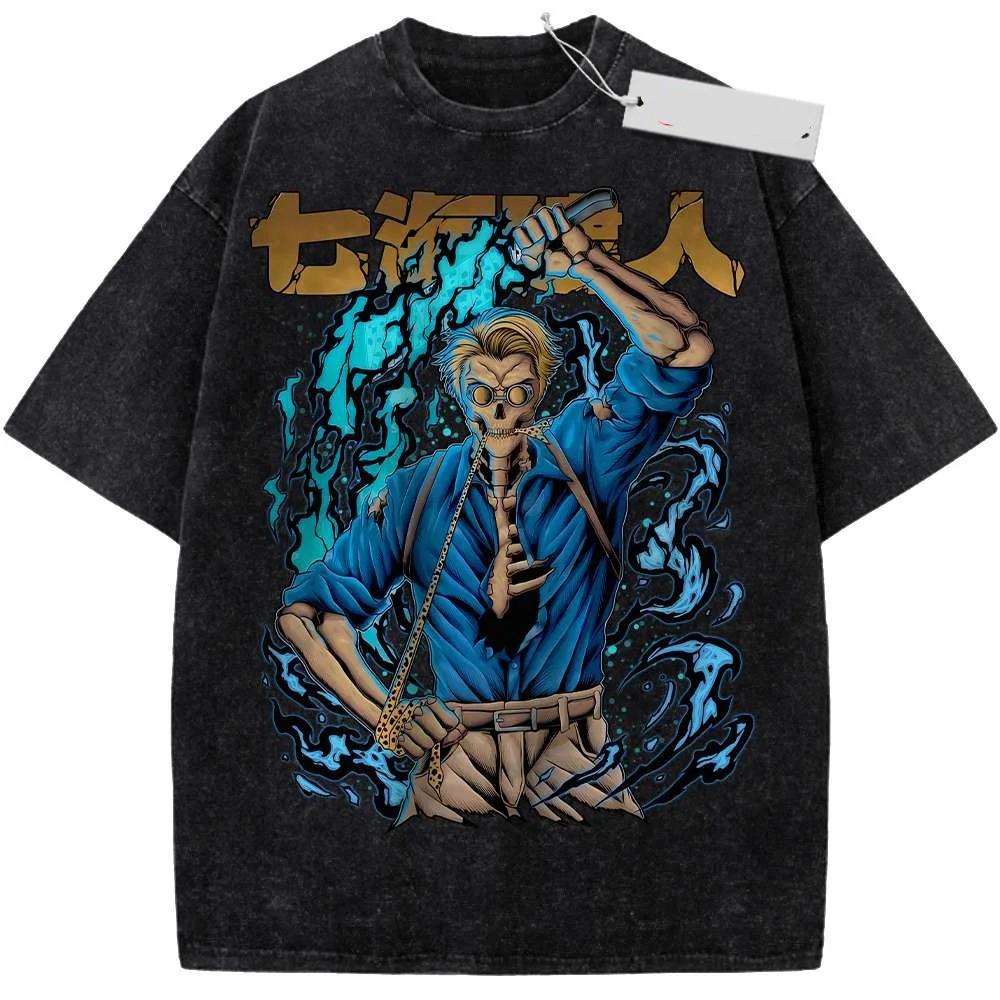 

Jujutsu Kaisen Kento Nanami (Skeleton Form) Vintage Washed Blue Flame Style Oversized Graphic T-Shirt, Anime Streetwear Tee, Unisex Casual Top L чорний