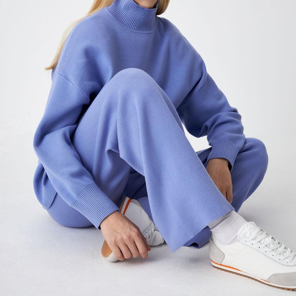 Women Autumn Winter Long Sleeve Half High Collar Solid Color Sweater Set Loose Fit Casual Two Piece Suits