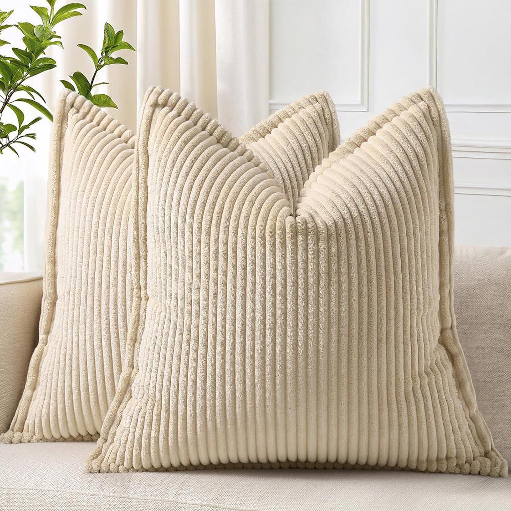 Green Corduroy Throw Pillow Covers 18x18 Inch Striped Decor Pillowcase for Living Room Bed Soft Couch Cushion Cover for Sofa