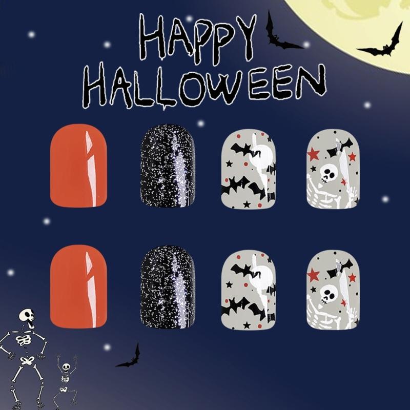 Plastik-Falschnagel-Aufkleber mit Halloween-Fledermaus-Schädel-Stern-Geister-Mustern Einfache Anwendung Künstliche Nagelaufkleber 24 Stück