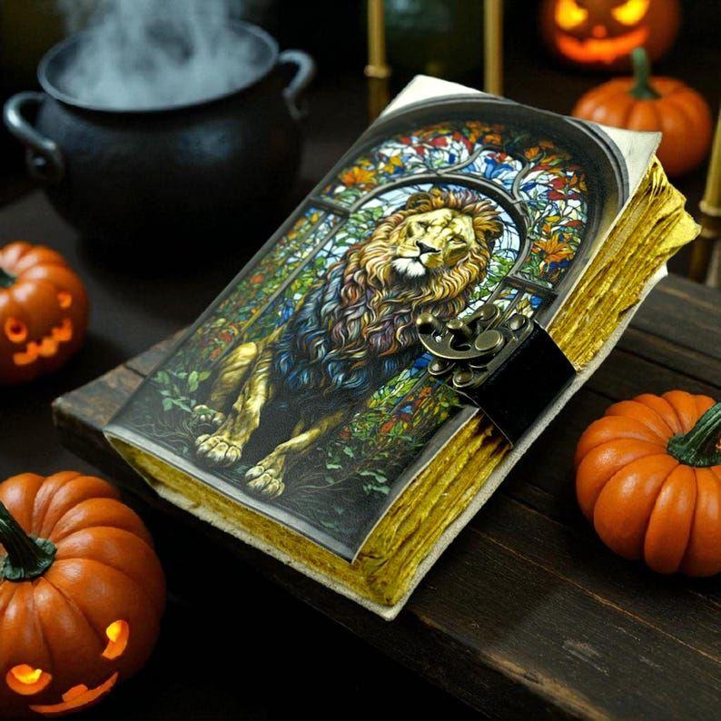 Large Lion Leather Journal: Vintage Grimoire, Blank Book of Shadows
