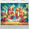 Bannière de Fête Tropicale sur la Plage pour le 50e Anniversaire d'Hawaï - Fleurs d'Hibiscus Vibrantes et Fond de Palmiers