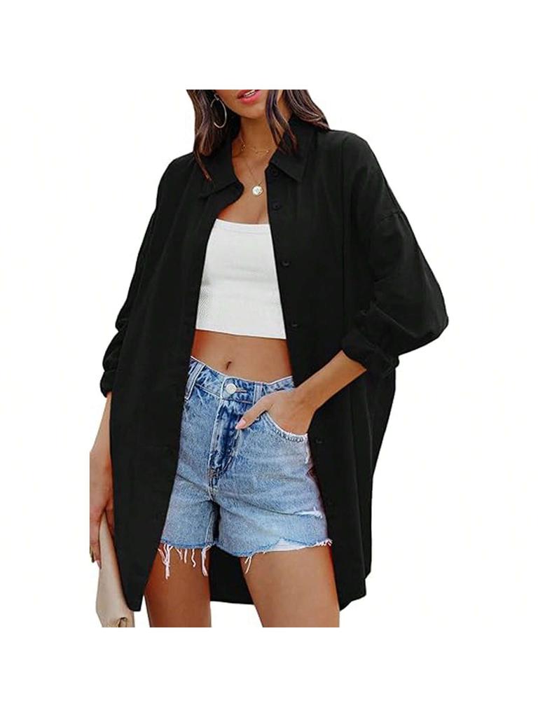 Women's Oversized Button Down Blouse Long Sleeve Stand Collar Loose Casual Top with Pockets