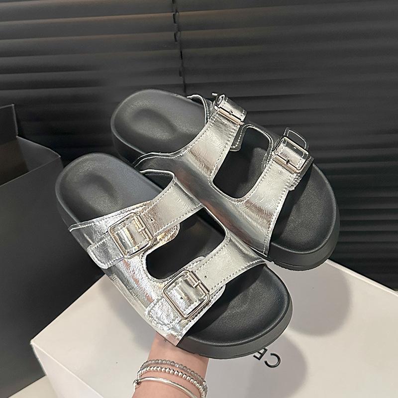 

2025 spring and summer silver shoes slippers women s shoes wear flat silver retro beach sandals 39 срібний