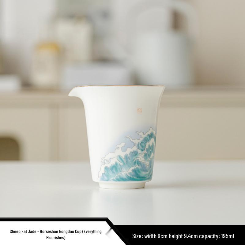 Sheep Fat Jade Kung Fu Tea Set: Gaiwan, Tea Filter, Gong Dao Bei, & Tea Cup