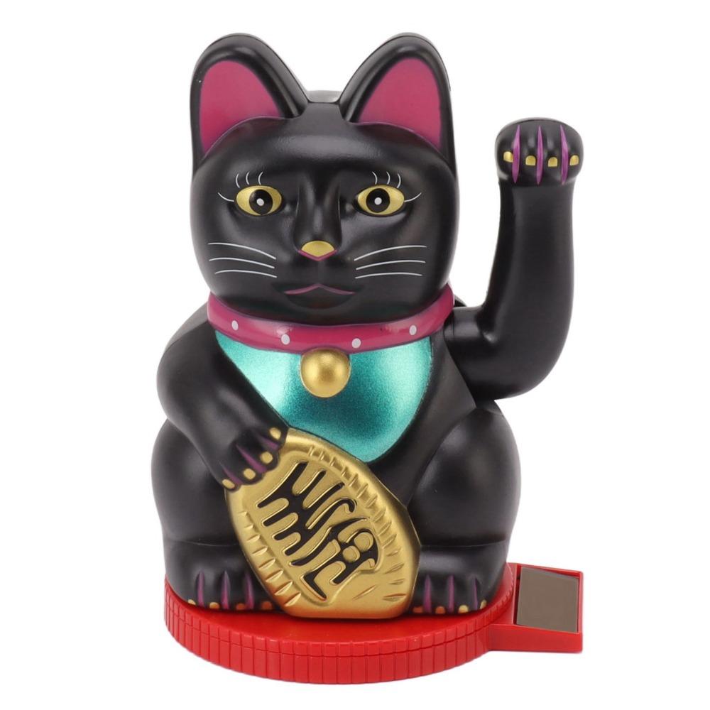 Plastic Rotatable Base Fortune Cat White & Gold & Black Car Dashboard Cat Ornament Home Decoration