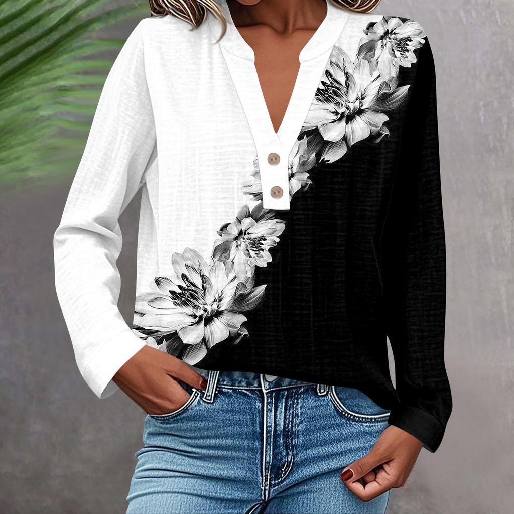 Camisa de Moda y Casual para Mujer Manga Larga Cuello en V Botones Estampada Blusa Top