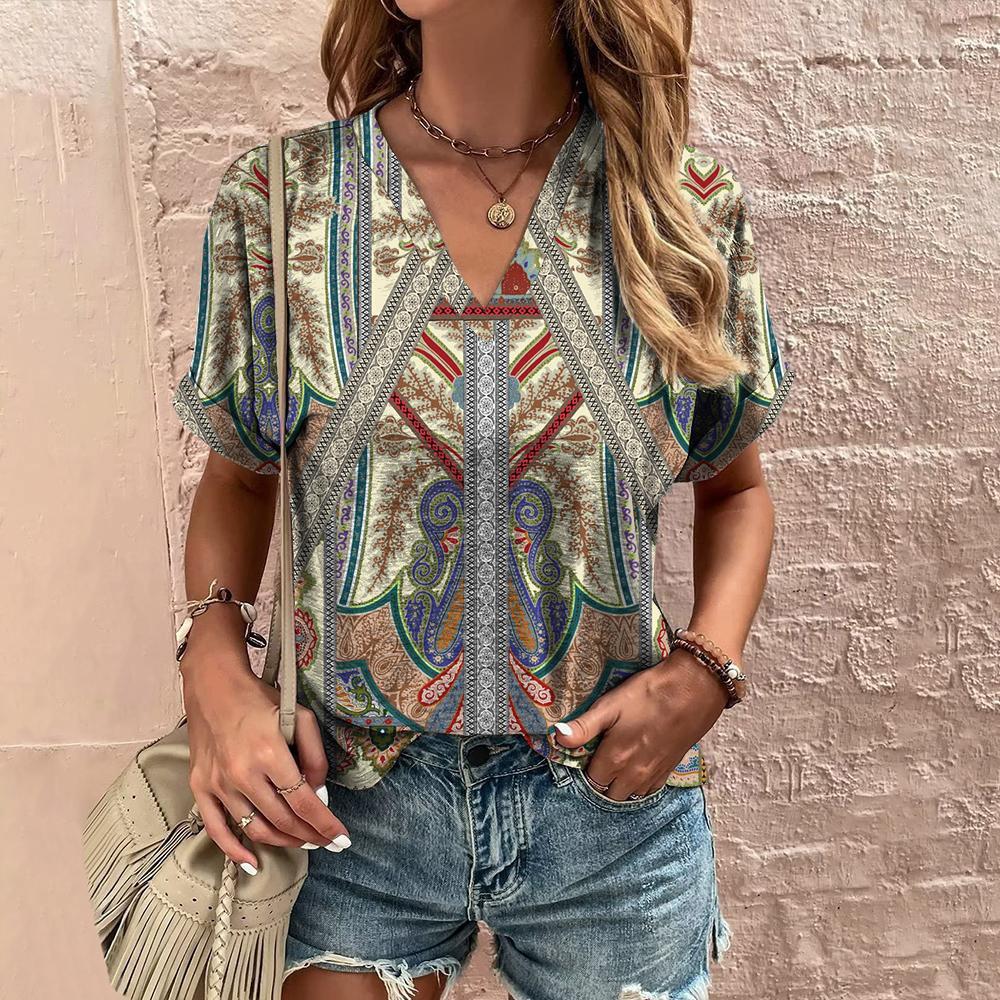 Women's T-shirt retro floral print summer casual V-neck women's clothing short-sleeved T-shirt women's fashion