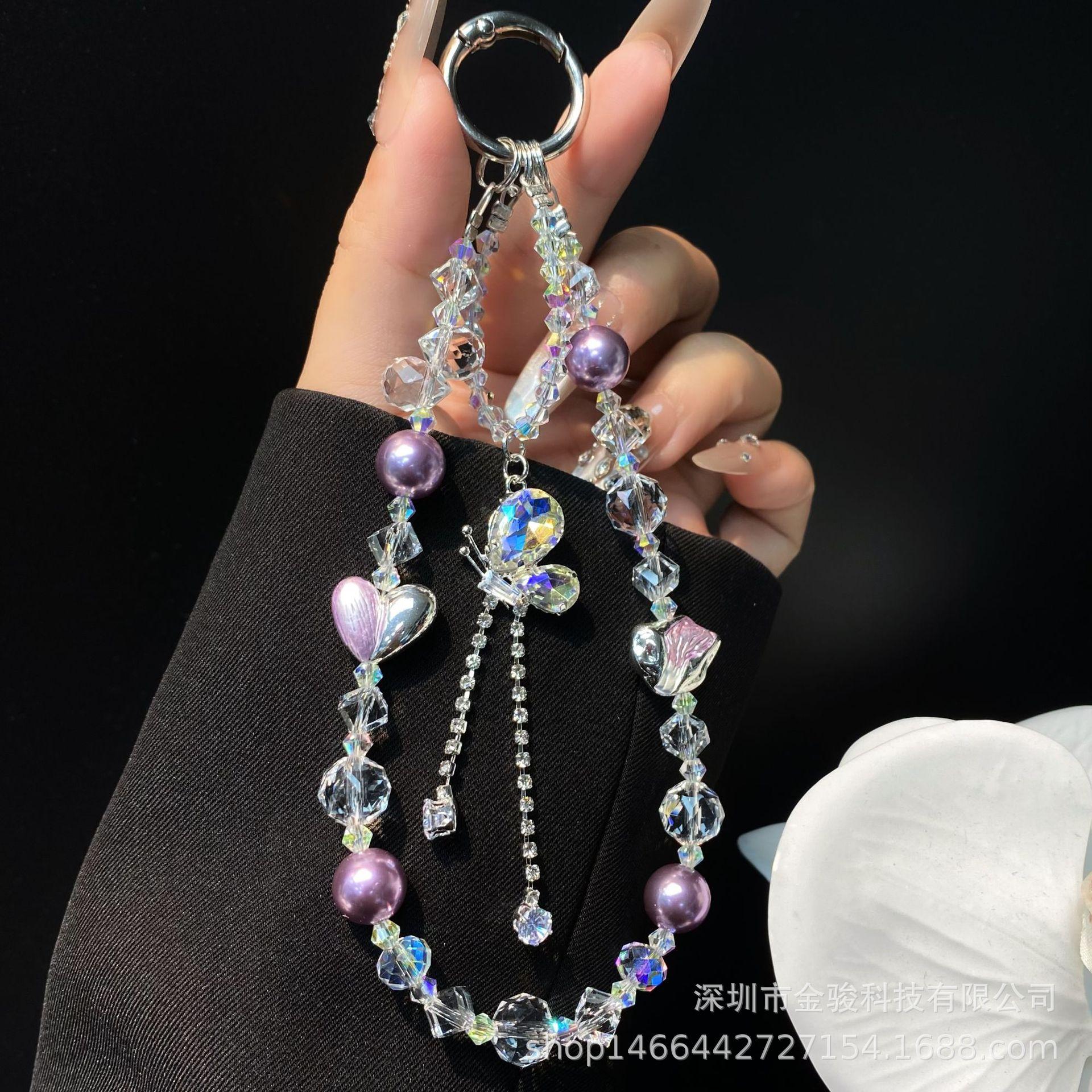 INS Heart Alloy Phone Chain Zircon Butterfly Pendant Crystal Bead Hanging Chain High-Quality Phone Chain Beaded Hanging Rope purple【Graceful Butterf