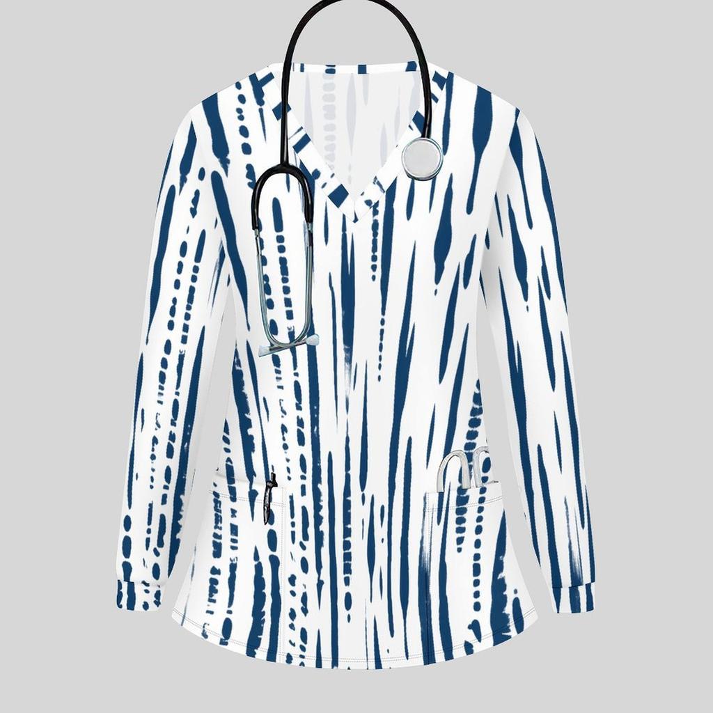 Women Plus Size V Neck Long Sleeve Printed Blue White Nurse Scrub Top With Front Pockets