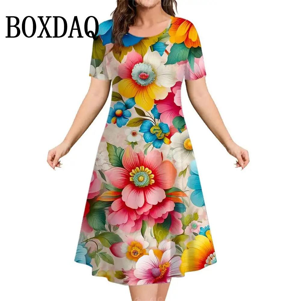 

Летние женские платья с круглым вырезом и коротким рукавом с 3D-принтом и красными цветами, свободные платья больших размеров, новое платье 3XL