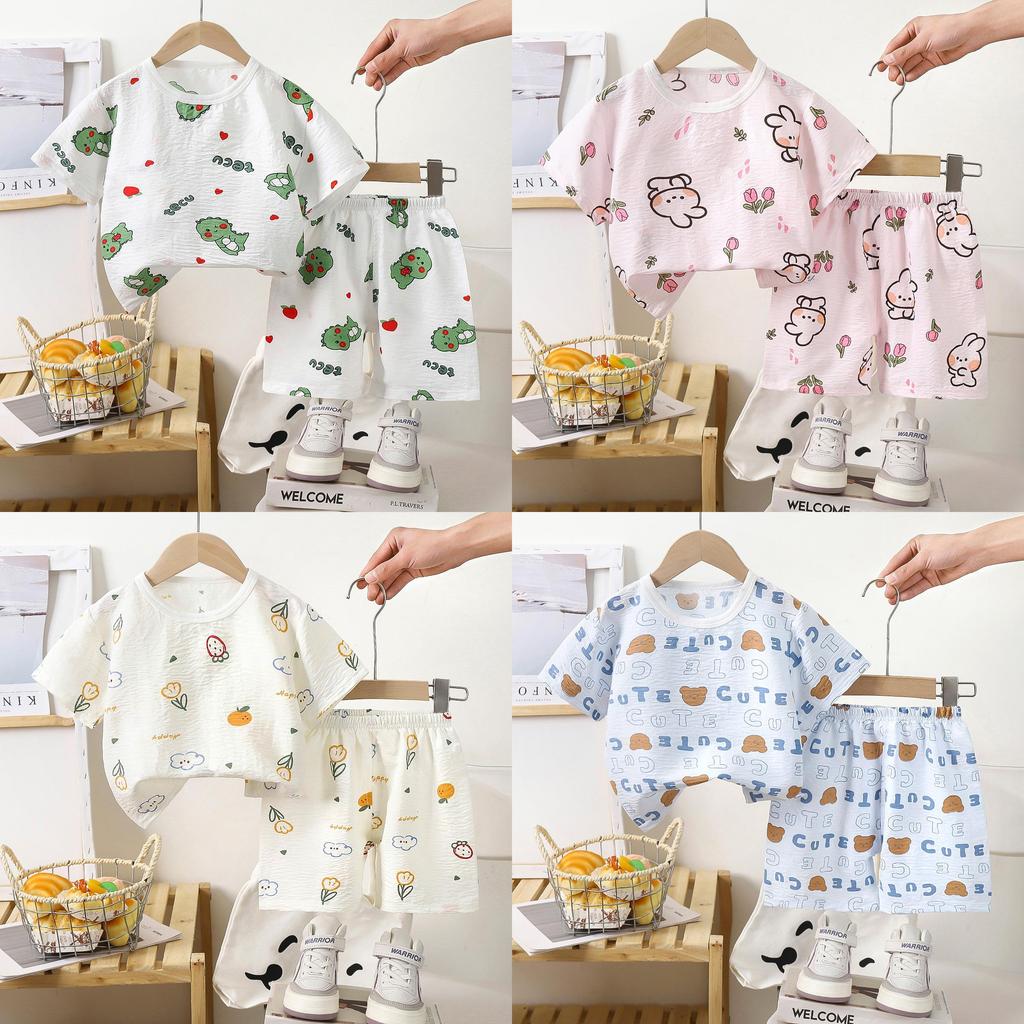 Summer Dinosaur Cartoon Boys Girls Short Sleeve Shorts Set With Soft Cotton For Toddler Play
