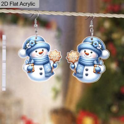 2D Flat Blue Christmas Snowman Drop Earrings, Lightweight Acrylic Material, Ideal for Party Gifts, Jewelry, and Christmas Gifts.