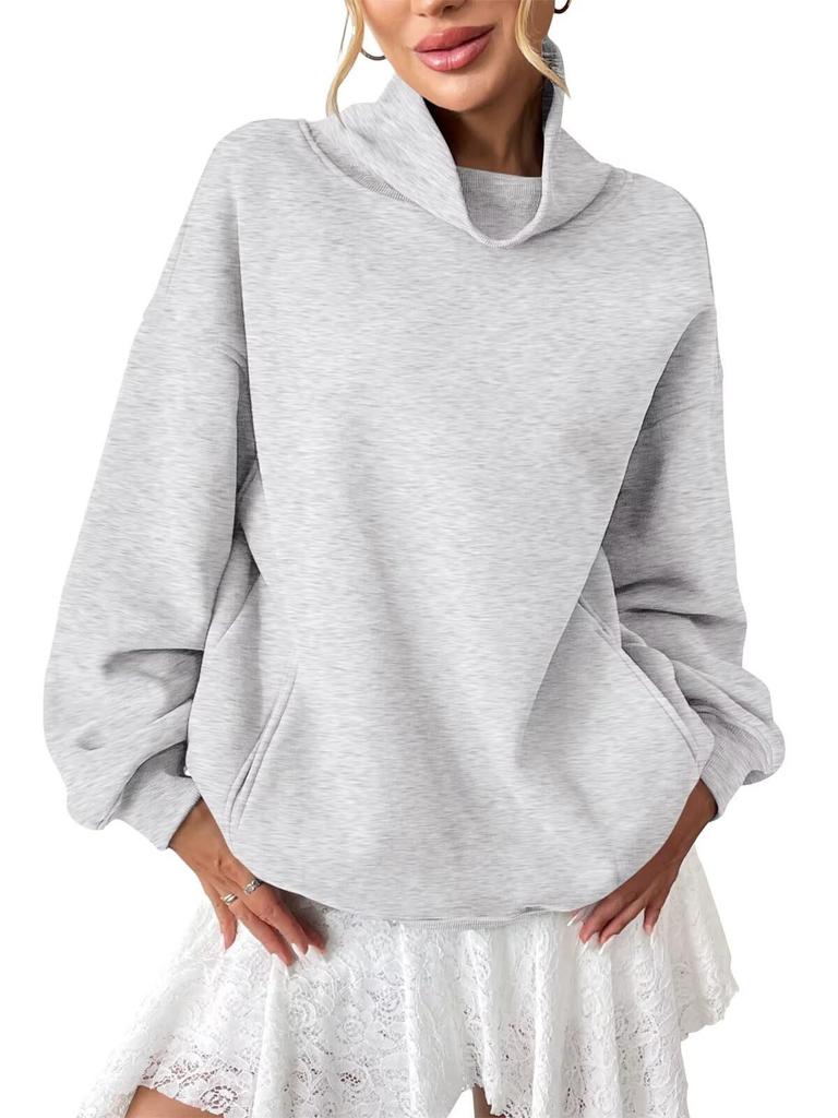 Women's Fleece-Lined Ribbed Turtleneck Sweatshirt Long Sleeve Casual Loose Pullover