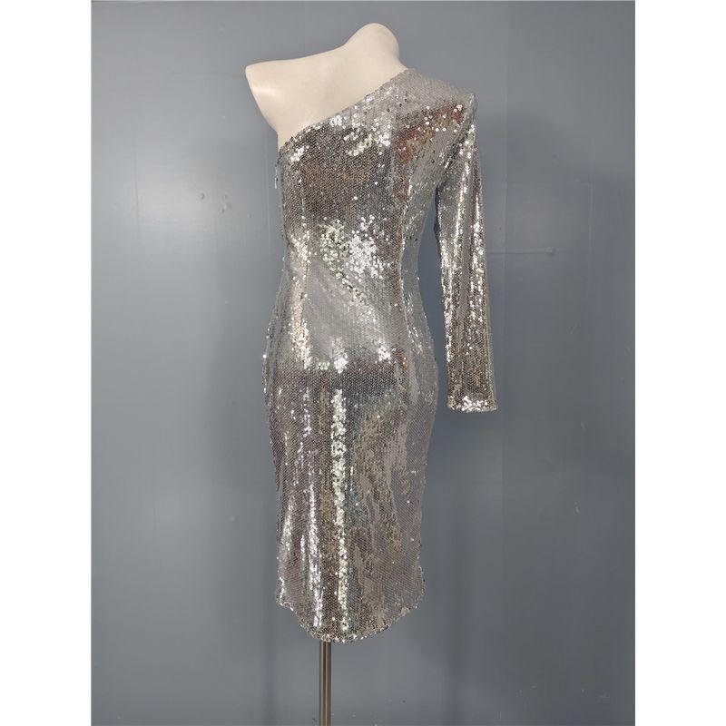 Export Single Shoulder Sexy Long Sleeves Waist-Tight Annual Party Party Dress Ruffles Evening Midi Dress Sequin Shiny