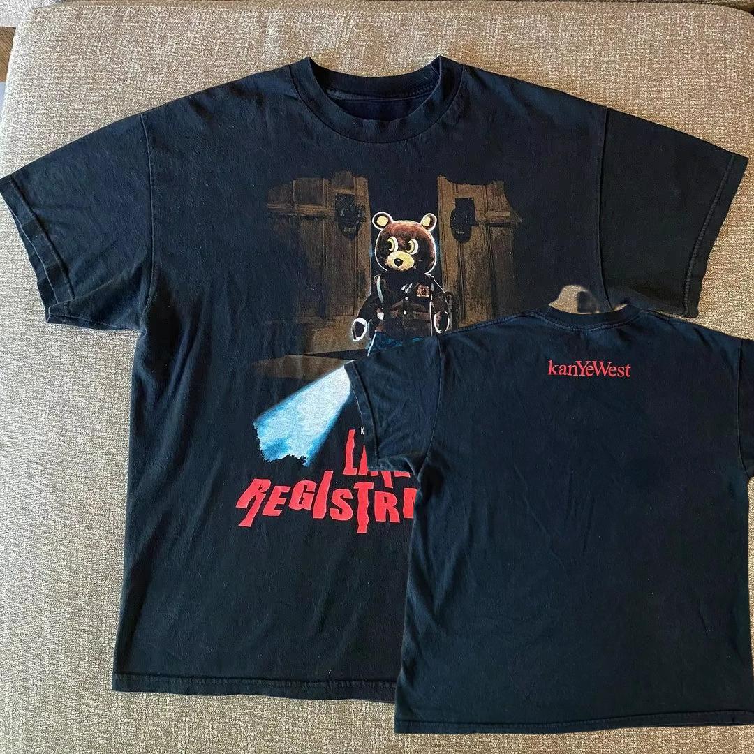 

2025 Новая винтажная футболка Kanye West Kanye School Dropout Bear в стиле хай-стрит для пар с коротким рукавом, трендовая футболка, топы 4XL