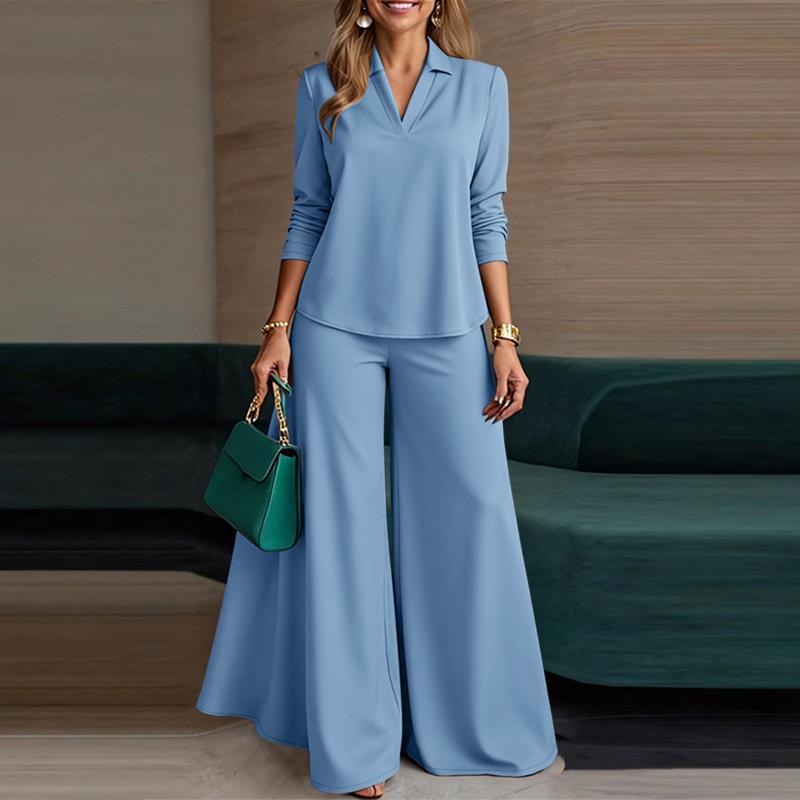ZANZEA Damska Bluzka z Długim Rękawem i Spodnie z Szerokimi Nogawkami Casualowe Dwuczęściowe Zestawy