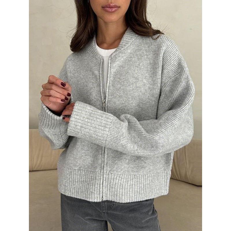 Knit Women Cardigan Casual Full Sleeve Zipper O Neck Pleated Solid Lady Sweater Autumn Fashion Female Knitwear L