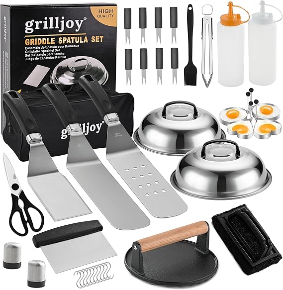 grilljoy Professional Griddle Accessories Kit Set with Smash Burger Press - Extra Thick Grill Spatula, Turner, Flipper - 38PCS F