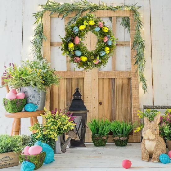 Easter Eggs Wreath 17.7" Handmade Wreath with Faux Flowers Eggs Spring Decor Colored Eggs Wreath for Wall Mantel Front Door