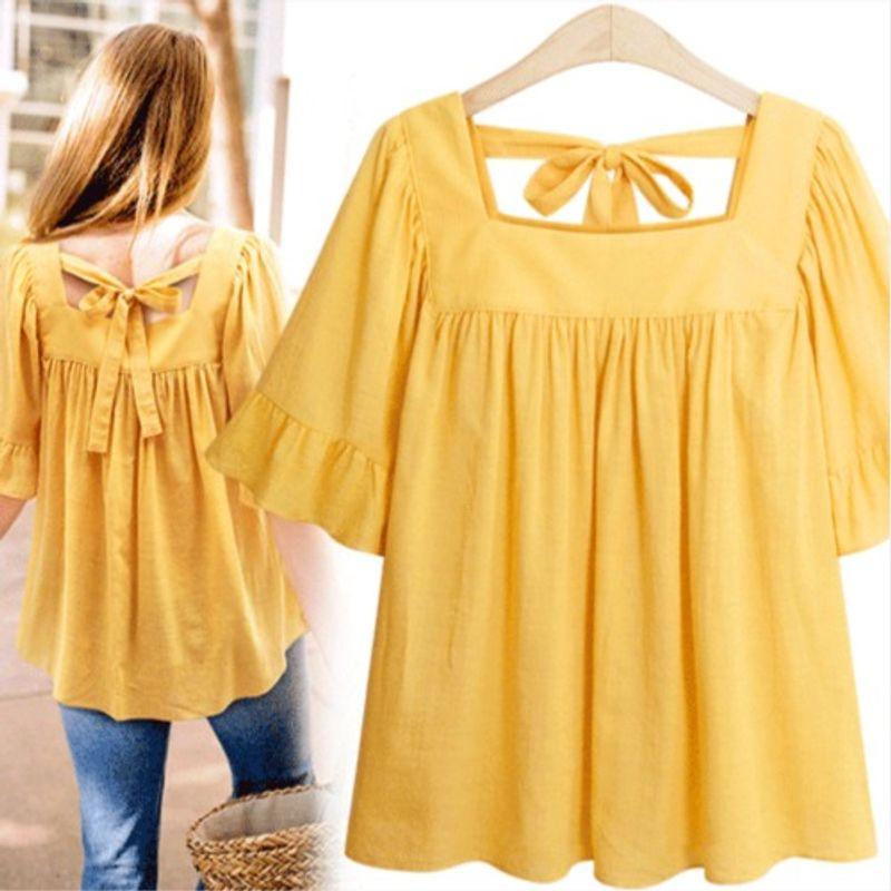 

Yellow Loose Ruffle Sleeve Shirt Back Bows Yellow 4XL
