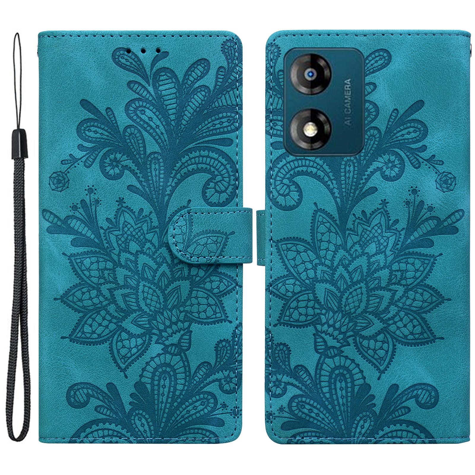 

For Motorola Moto E13 4G Case Imprinted Lace Flowers PU Leather Wallet Phone Cover Green
