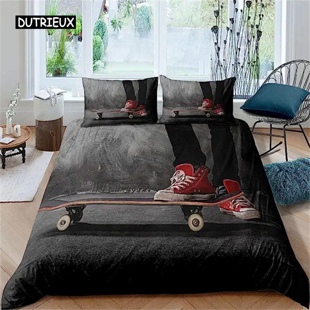 Copripiumino Skateboard Set Copripiumino Skateboarder Misura Queen Set Biancheria da Letto Hip Hop Hippie Gioco Sport Estremi All'Aperto