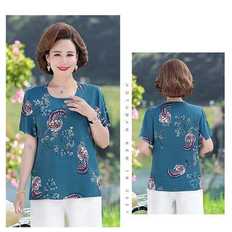Dámské krátkorukávové s velkým potiskem Ledové hedvábí Krátkorukávové Volné Velké Velikosti Top Trhané Květiny Sto Triček