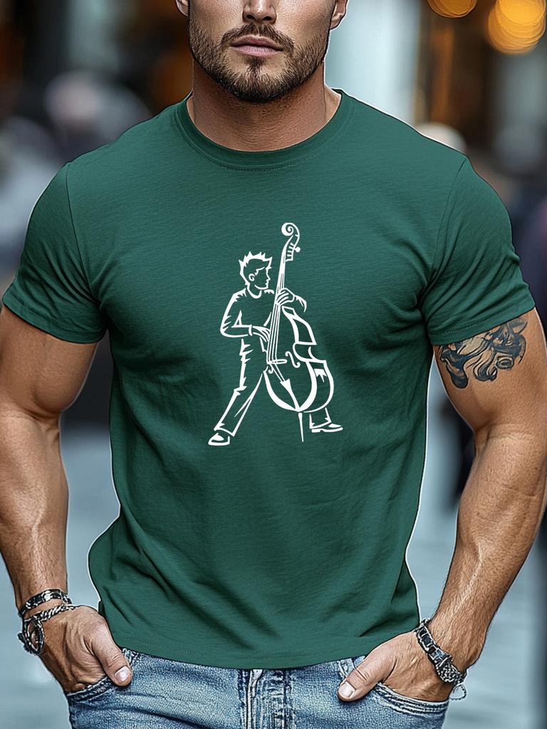 Unisex Black Crew Neck Tee White Line Art Rock Musician Playing Double Bass Upright Cello Jazz Band Performer Soft Cotton Male Tops