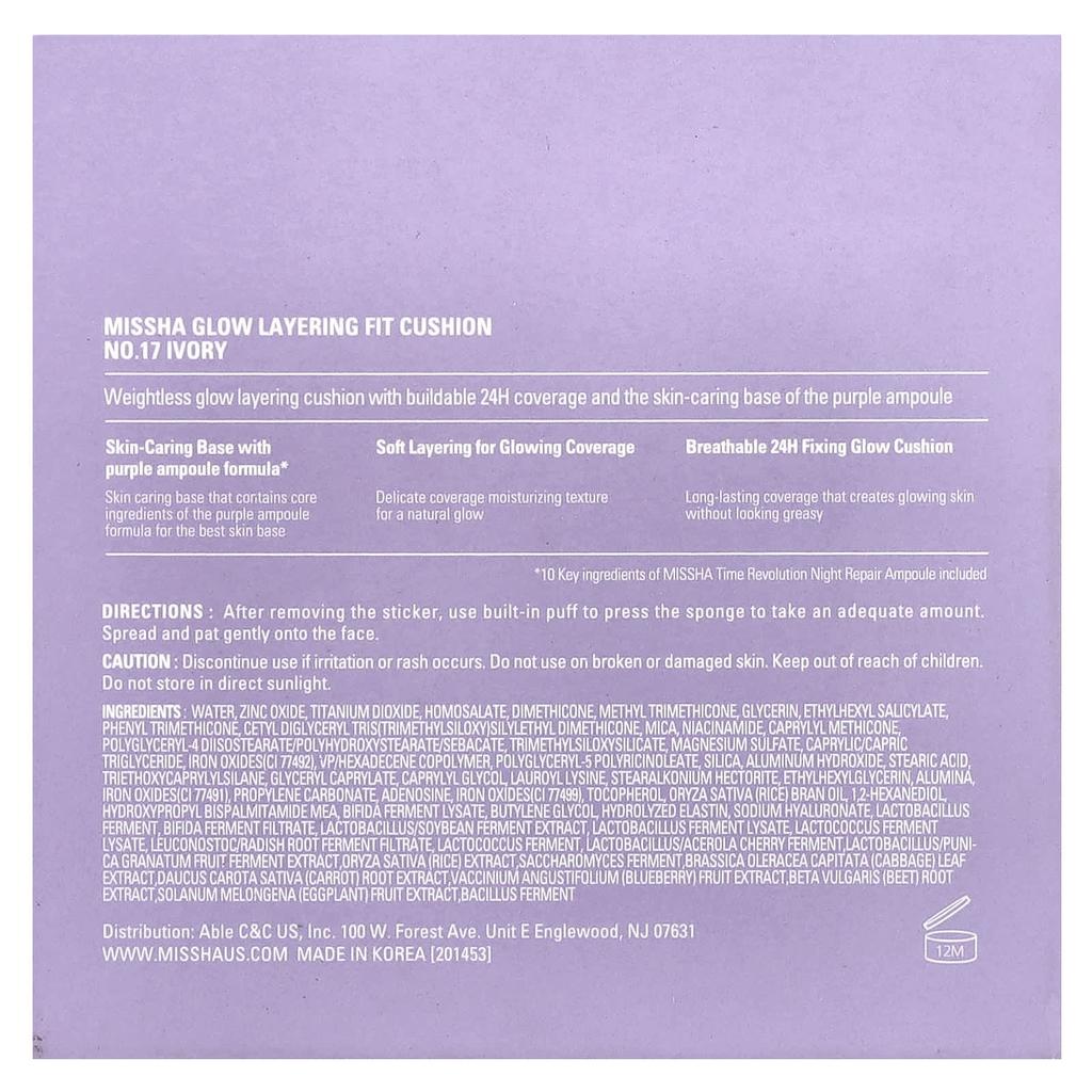 MISSHA Glow Layering Fit Cushion, No. 17 Ivory, 14g (0.49oz)