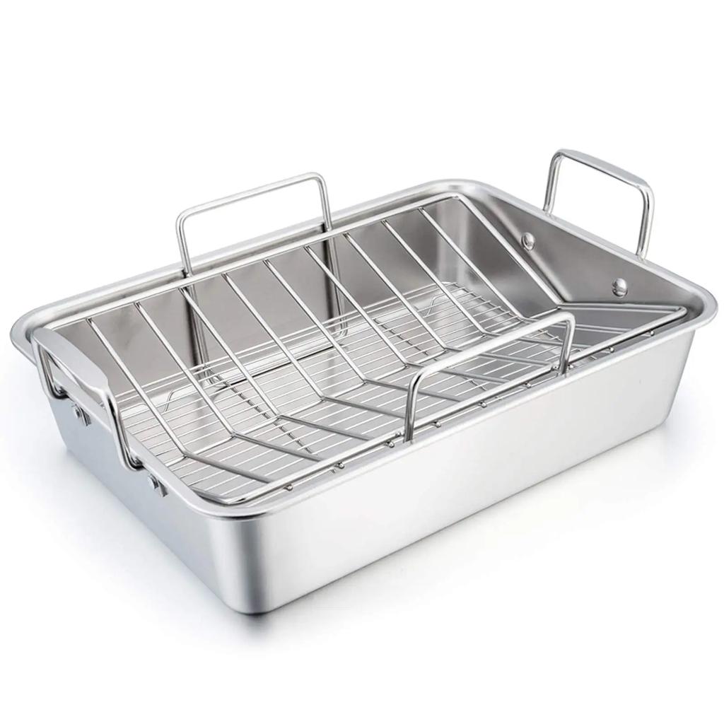 Roasting Pan 40x30x10CM Stainless Steel Turkey Roaster Pan with Baking V-Shaped Baking Rack for Roast Chicken Vegetable Baking