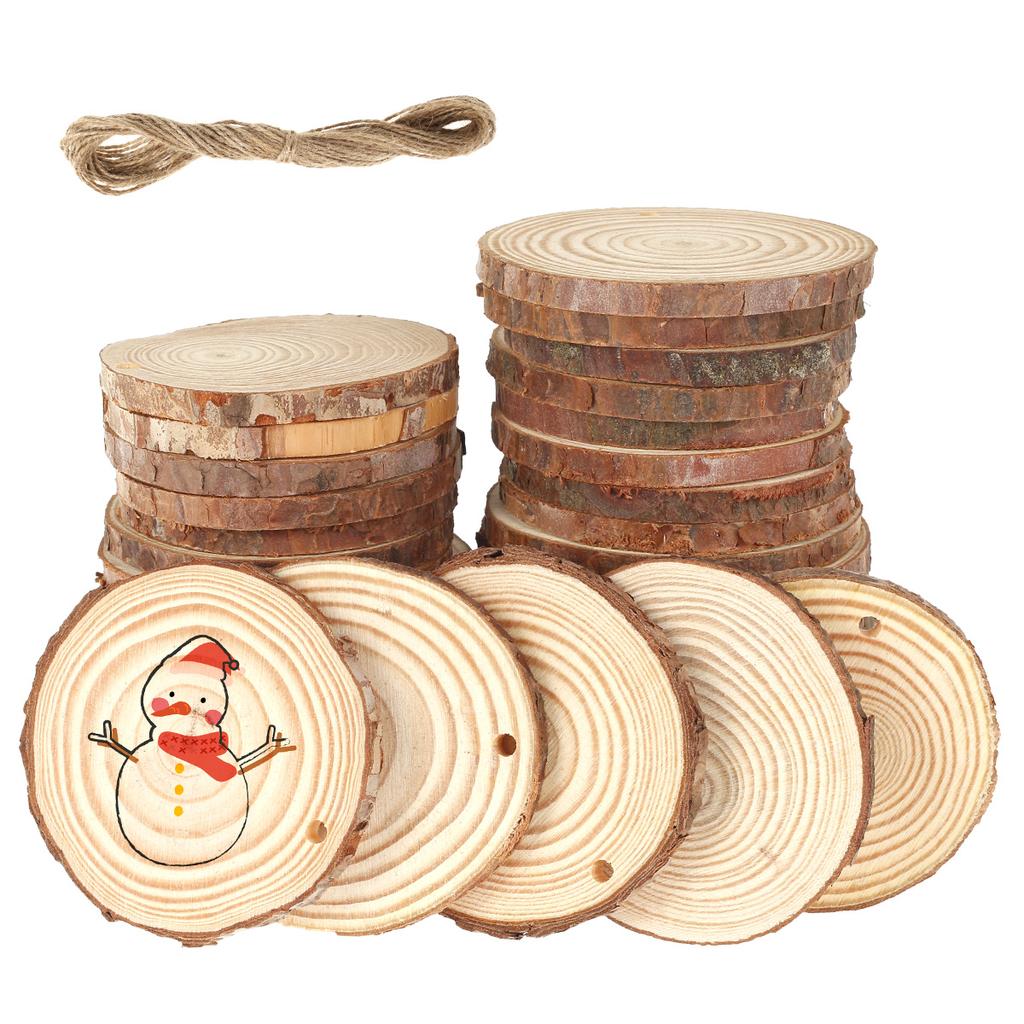 30pcs Natural Wood Slices Unfinished Wooden Log Kit Predrilled Wood Chip with Rope Round Wooden Circles for Arts Painting DIY