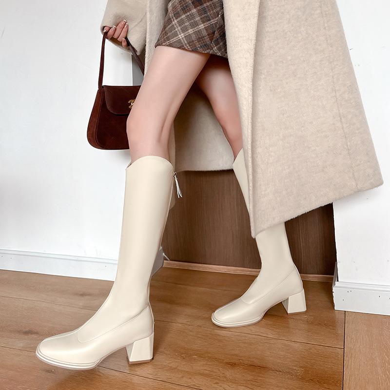 ~ White mouth boots for women's autumn and winter new white thick heels but knee high boots for women