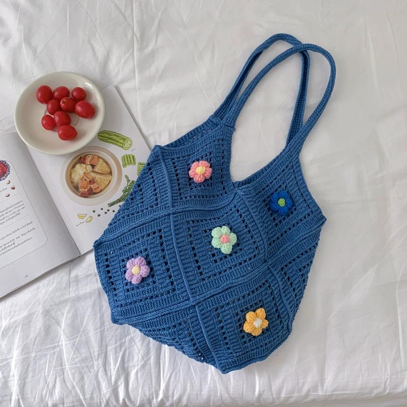 Summer New Hollow Out Knitted Flower Tote Bag Single Shoulder Commute High-End Feeling Large Capacity Business Commuting KTB