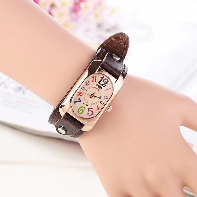 

Retro belt watch personalized rectangular color digital scale girls watch quartz watch темный кофе