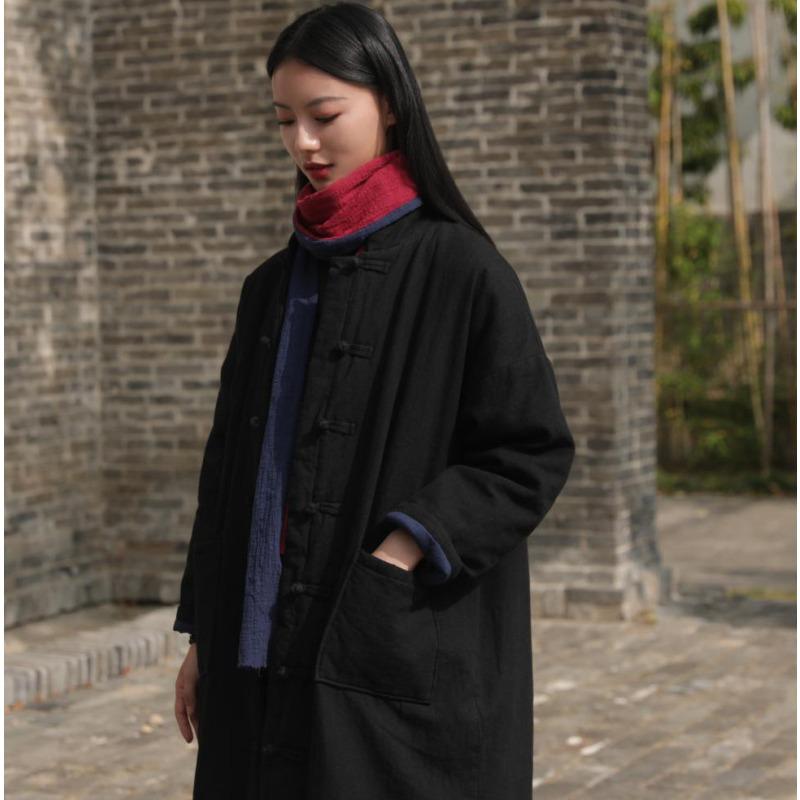 25 Winter New Cotton and Linen Women's Clothing Chinese Retro Sand Wash Stand-up Collar Buckle Ramie Long Cotton Clothes Women's Cotton Clothes