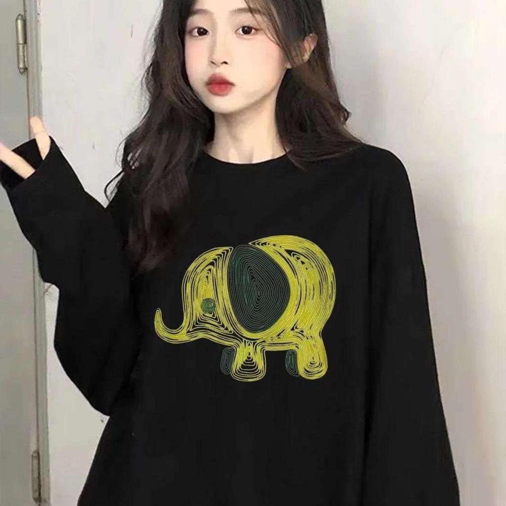 Trendig T-shirt med lång ärm och rund hals för kvinnor i ren bomull - Chic tecknad design, avslappnad lös passform för vår och höst 2025