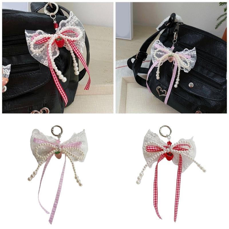Delicate Pearls and Lace Bowknot Bag Ornament With Gingham Pattern Portable Accessory for Daily Commutes or Dates