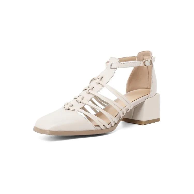 

Fashion 2024 Summer Women Shoes Square Toe Cover Heel Gladiator Modern Sandals Geunine Leather Chunky Heel High Heel Woven Sandals 34 бежевый